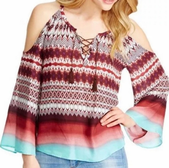 Jessica Simpson Shayna Aztec Sunburst Print Cold Shoulder Peasant Top L - Picture 1 of 11